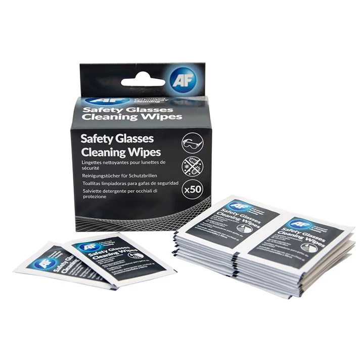 AF Safety Glasses Cleaning Wipes In A Box Of 50 Individual Impregnated Sachets With Euro Hook. Code SGCS050